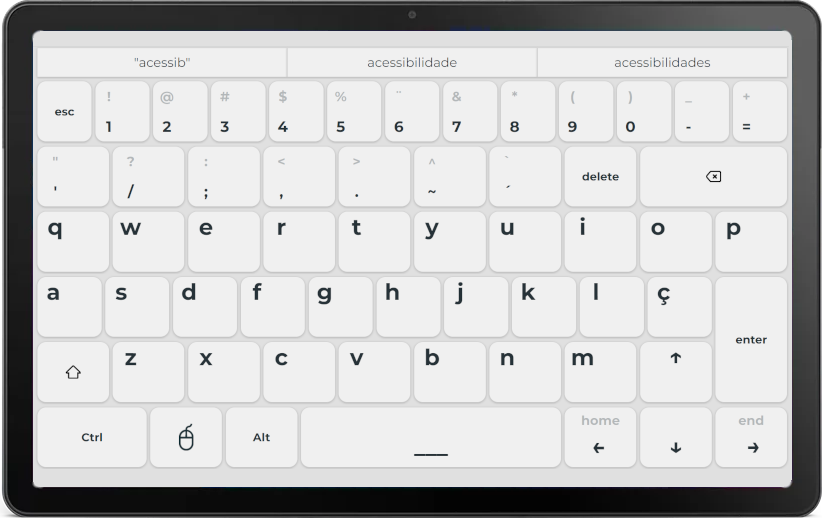 Tablet exibindo o Teclado Helena, com teclas amplas, barra de sugestões de palavras no topo e teclas de função na base.